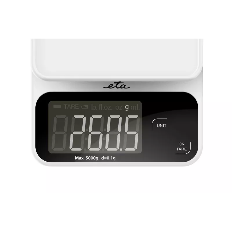 Elektroniskie virtuves svari ETA POPI balta — maks. 5 kg, precizitāte 1 g, LCD displejs, AAA baterijas