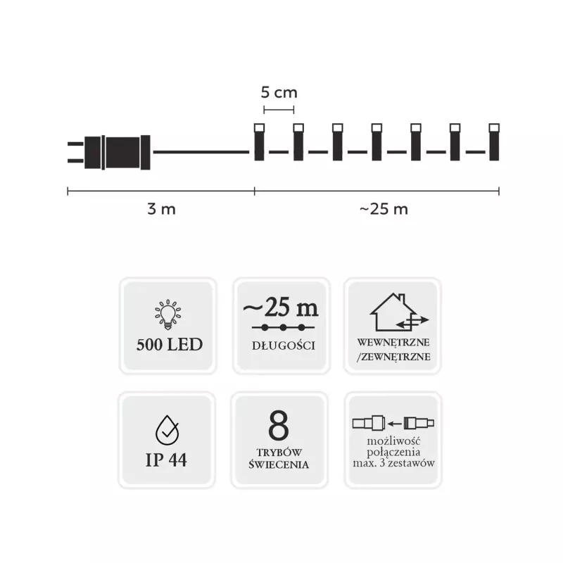 LED lentes komplekts Extralink 500L auksti balts — garums 3 m + 25 m iekšā/ārā