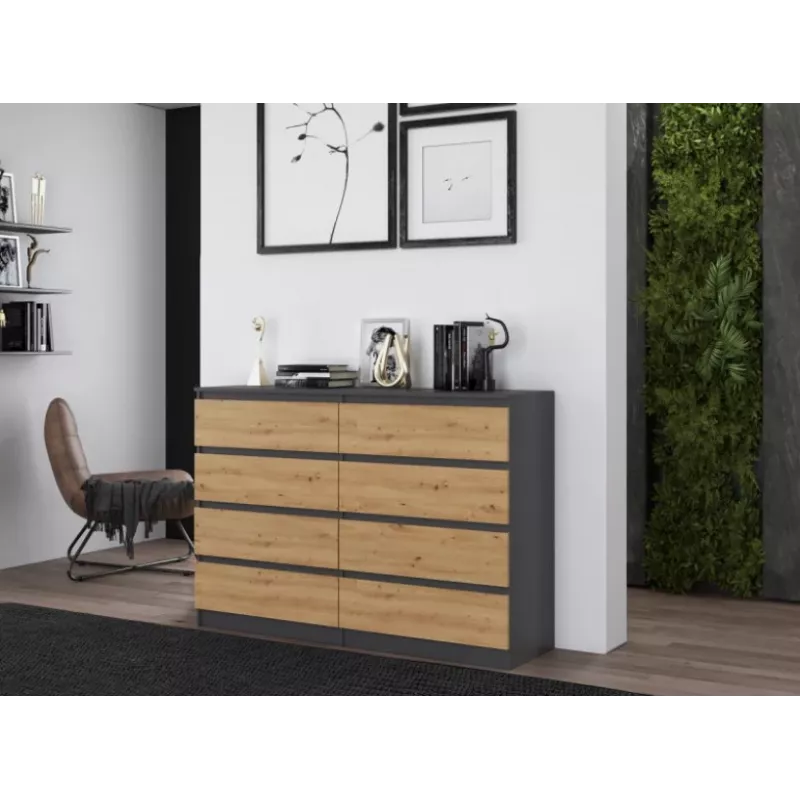 Kumode top e shop M8 140 ANT/ART — 8 atvilktnēm, Antracīta/Ozola, 1380×400×970 mm, Skaidu plātne