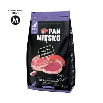 Sausā suņu barība Pan Miesko liellopu gaļa ar jēru Senior Crunchy M 9 kg — pilnvērtīga barība vecākiem vidēja izmēra suņiem, 23% olbaltumvielu, 15% tauku