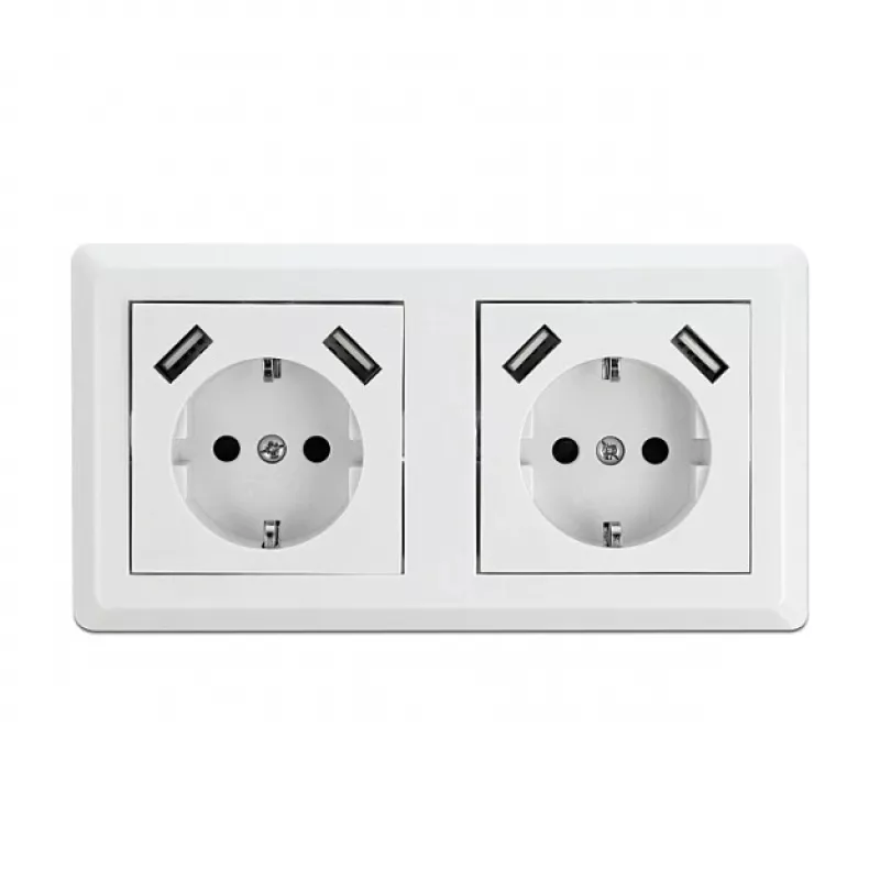 Delock sienas kontaktligzda ar 2 ligzdām un 4 USB pieslēgvietām, 2 x 2,8 A