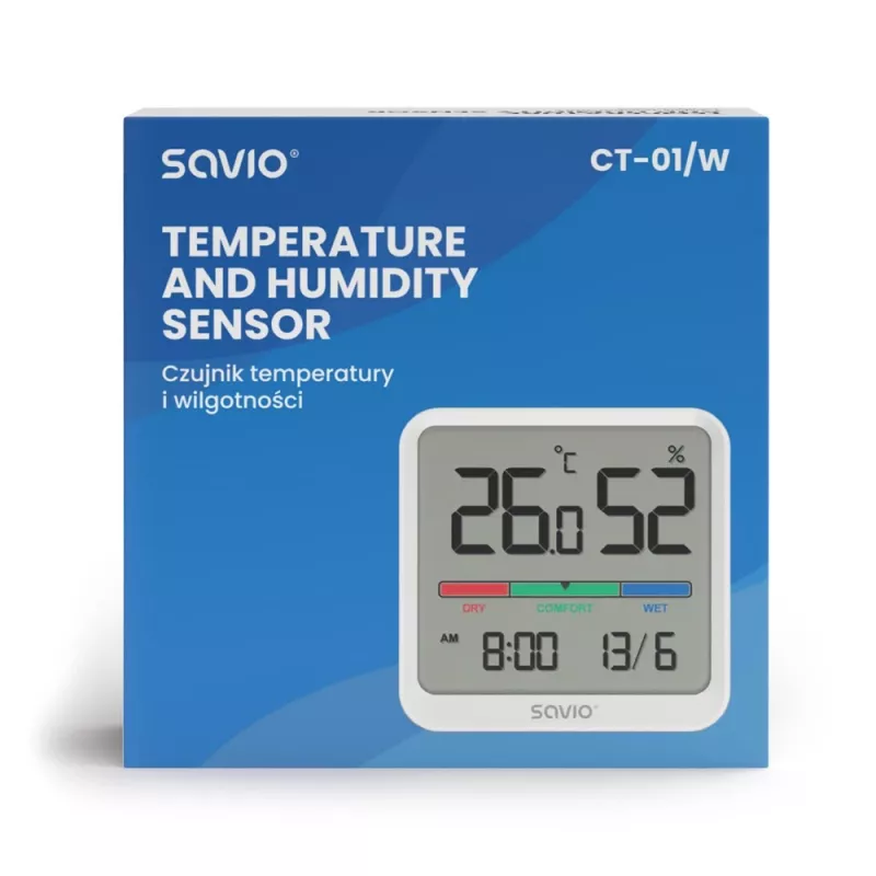 Iekštelpu temperatūras un mitruma sensors SAVIO CT-01/W, LCD displejs, -10–55°C, 10–99%RH, baterija CR2032