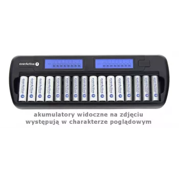 Akumulatoru lādētājs everActive NC-1600 — universāls līdzstrāvas lādētājs Li-Ion, atbalsta 16 elementus, saderīgs izmēri AA/AAA/C, melns, maiņstrāva 100–240 V 50–60 Hz