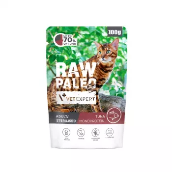 Mitrā kaķu barība VETEXPERT Raw Paleo Adult Sterilised Tuna 100 g paciņa, proteīns 10,3%, tauki 4%, mitrums 77%
