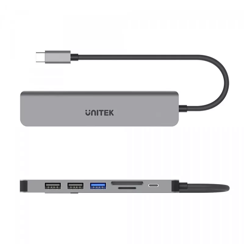USB-C centrmezgls Unitek 7in1 Aluminium PD 100W 5 Gbps — multiportu adapteris ar Power Delivery