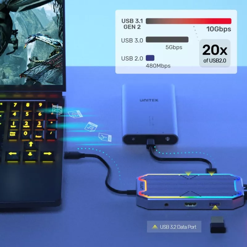 USB centrmezgls Unitek uHUB S7+ — vadu USB 3.2 Gen 2 Type-C, 100 W PD, Gigabit Ethernet, 4K atbalsts, Space pelēka