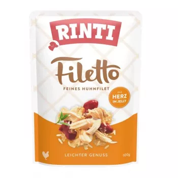 Mitrā suņu barība RINTI Filetto vistas fileja ar sirsniņām 100 g — pilnvērtīga vienas porcijas mitrā barība, 82% mitruma, 14% proteīna