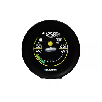 BLAUPUNKT WS35BK APP laika stacija — LCD displejs, temperatūra un mitrums, modinātājs, kalendārs, lietotnes savienojamība, 94×94×27 mm