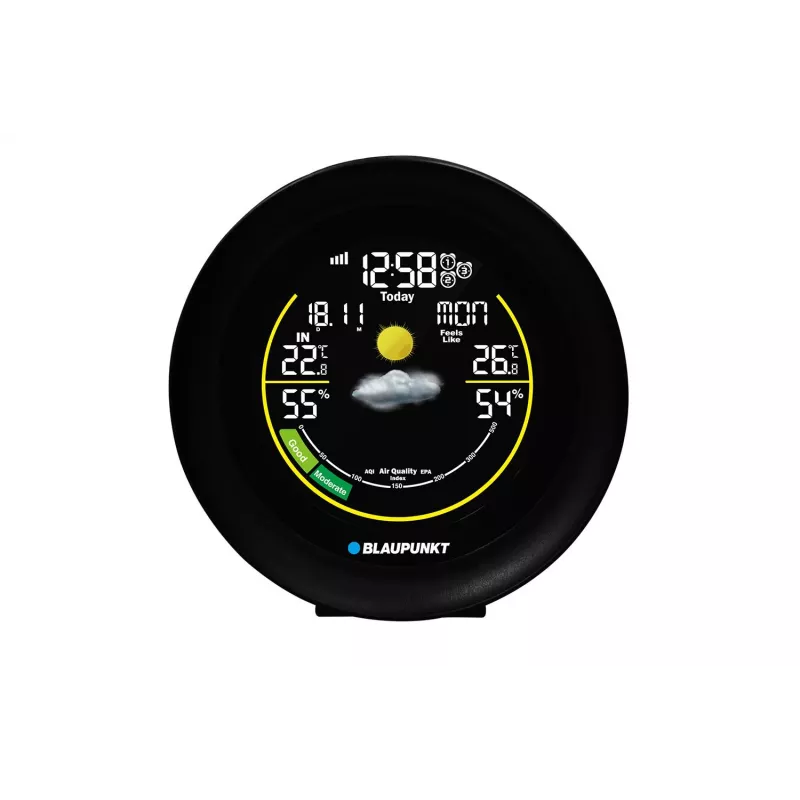 BLAUPUNKT WS35BK APP laika stacija — LCD displejs, temperatūra un mitrums, modinātājs, kalendārs, lietotnes savienojamība, 94×94×27 mm