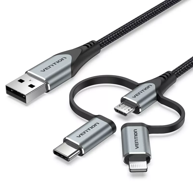 Vention USB 2.0 A vīr. uz 3-in-1 Micro-B&USB-C&Lightning vīr. kabelis 1M pelēks alumīnija sakausējuma tips
