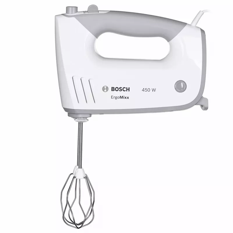 Rokas mikseris Bosch MFQ36480 – 450 W, 5 ātrumi ar turbo, pelēks/balts, putotāji un mīklas āķi