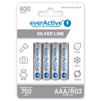 Uzlādējamās AAA NiMH baterijas everActive EVHRL03-800 – 1,2 V, 4 gab., cilindriskas 44,5×10,5 mm