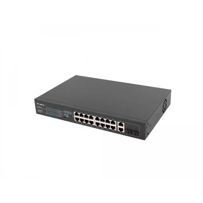 Nepārvaldāms slēdzis LANBERG RSFE-16P-2C-150 — 18 portu Gigabit, 16 PoE+/2 SFP, 150 W kopā, 1U statīvs, metāls, melns