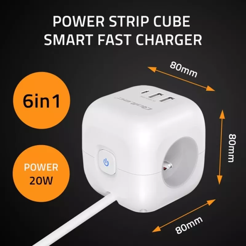 Power Cube QOLTEC 52547 strāvas sadalītājs 3× maiņstrāvas kontaktligzdas, 2× USB-A, 1× USB-C PD 20W
