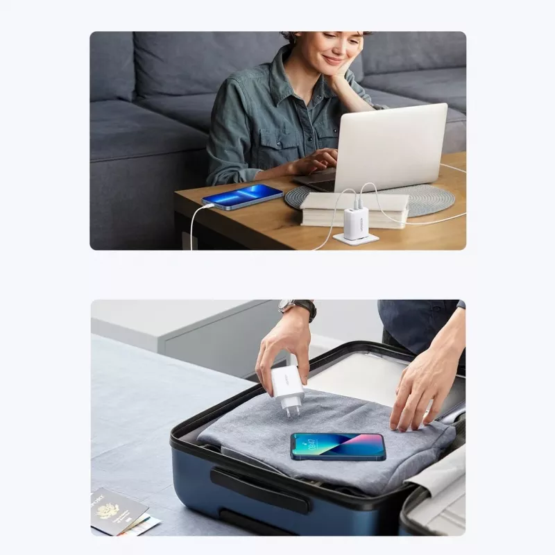 Sienas lādētājs UGREEN CD275 2× USB Type-C 65W Balts — dubults USB-C 65W ātra uzlāde, 100–240V ieeja