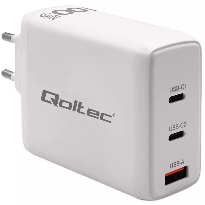 Lādētājs QOLTEC 100W GaN USB-C Dual PD 5–20V 1.5–5A, 2×USB-C