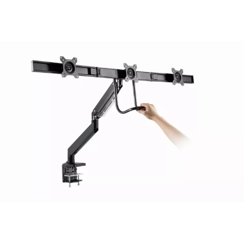 Galda monitora stiprinājums GEMBIRD MA-DA3-03, 3 sviras, gāzes atspere, VESA 75–100x100, atbalsta 3 displejus līdz 27 collām, maks. 18 kg, melns
