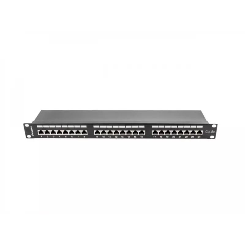 Plāksteru panelis 1U LANBERG PPS5-1024-B — 24 portu RJ-45 Cat5, metāla, melns, montāža statīvā