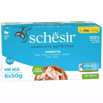 Mitrā kaķu barība Agras Pet Foods Schesir Tuncis želejā 6×50 g (300 g), viena proteīna, pieaugušiem kaķiem, bez sojas un lipekļa