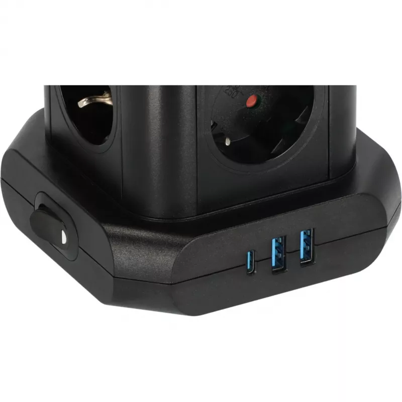 Vertikāla rozetes tornis Brennenstuhl 1153560010 — 8 rozetes, 2×USB-A, 1×USB-C, melns
