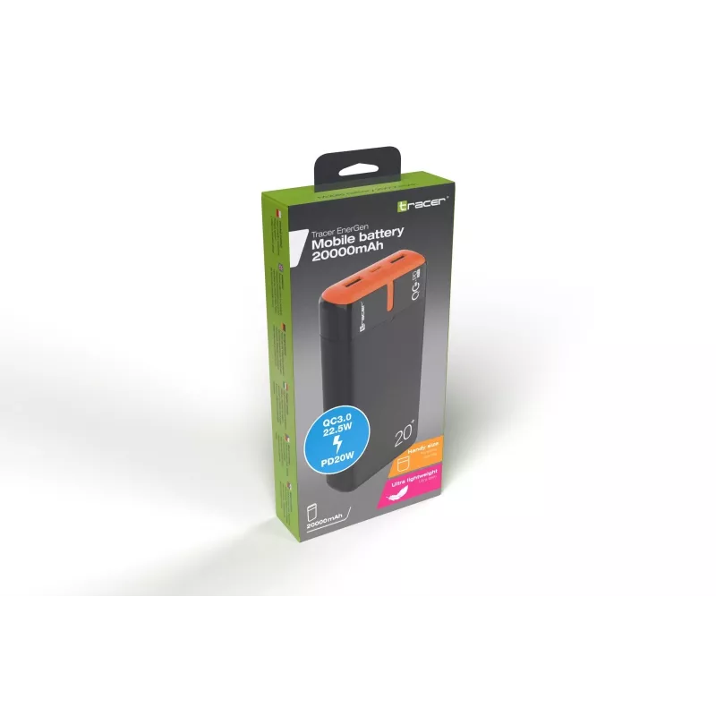 Portatīvais lādētājs TRACER EnerGen 20000 mAh, Power Delivery 20W, USB-C ieeja, 2×USB-A izejas, 3 ierīču atbalsts, oranžs