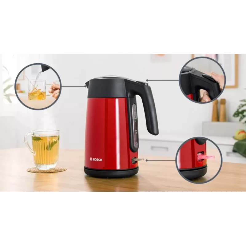 Elektriskā tējkanna Bosch TWK7L464 — 1,7 L tilpums, 2400 W, sarkana, plastmasas korpuss