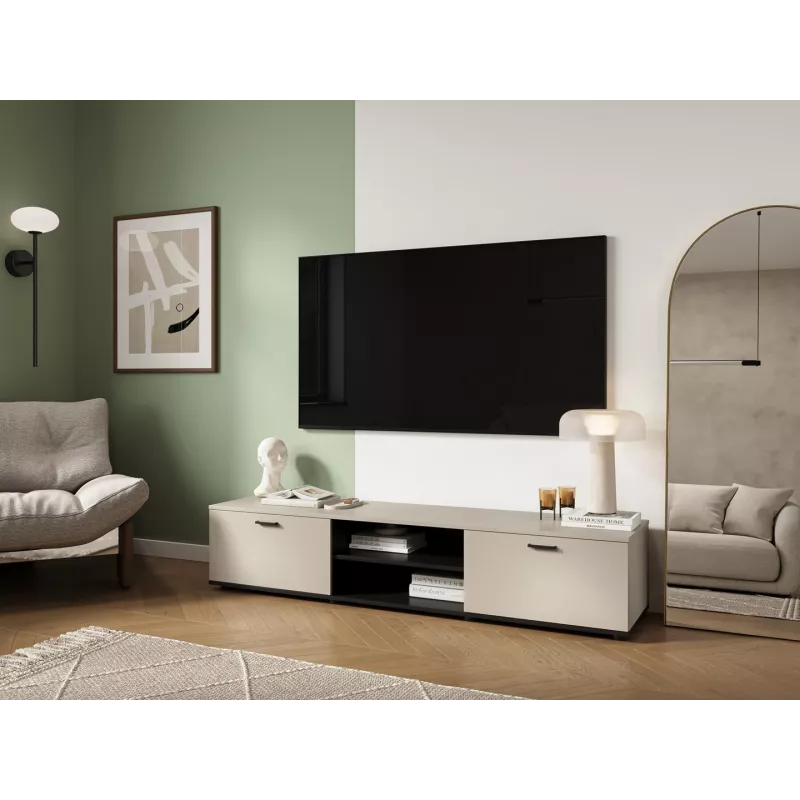 TV skapis Cama Meble SOHO 180x43x37 cm — kašmira krāsas virsma, melns rāmis