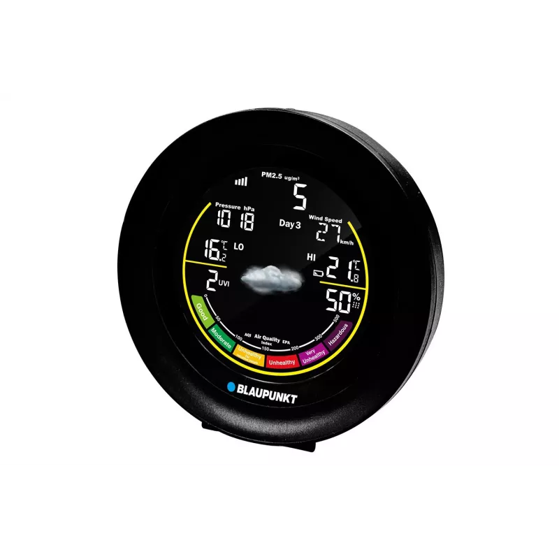 BLAUPUNKT WS35BK APP laika stacija — LCD displejs, temperatūra un mitrums, modinātājs, kalendārs, lietotnes savienojamība, 94×94×27 mm
