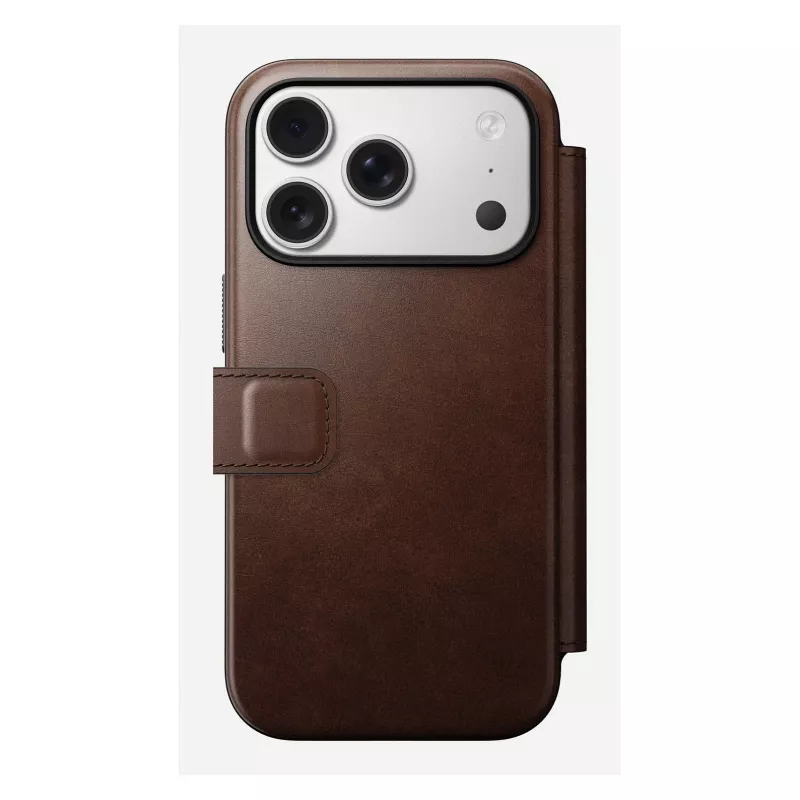 Mobilā tālruņa vāciņš Nomad Modern Leather Folio iPhone 17 Pro, āda/alumīnijs, 16 cm (6,3 collas) brūns, 4 karšu kabatas