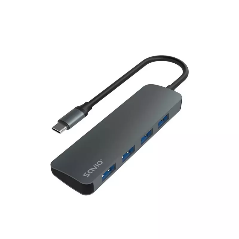 USB centrmezgls SAVIO AK-54 — 4 x USB-A (USB 3.2 Gen 1), USB-C resursdators, melns
