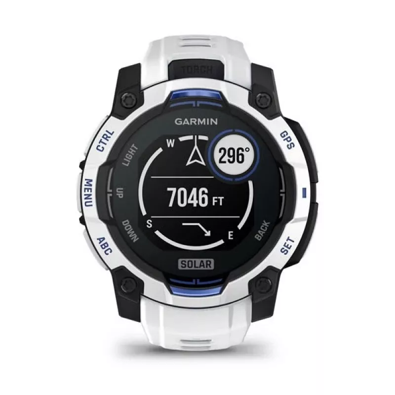Viedpulkstenis GARMIN Instinct 2 45 mm, MIP 0,9 collas (176×176), GPS, saules enerģija, silikona siksniņa zila/balta