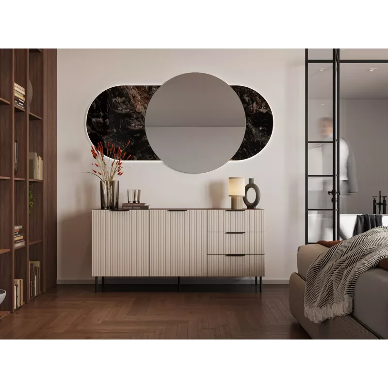 Kumode cama meble ALMERA 156×42×75 cm, valrieksts/kašmirs, 3 atvilktnes, skaidu plāksne