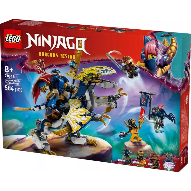 LEGO NINJAGO komplekts 71843 Rogue’s Mech Dragon Rider — 584 gab., 4 minifigūras, modeļa augstums 190 mm