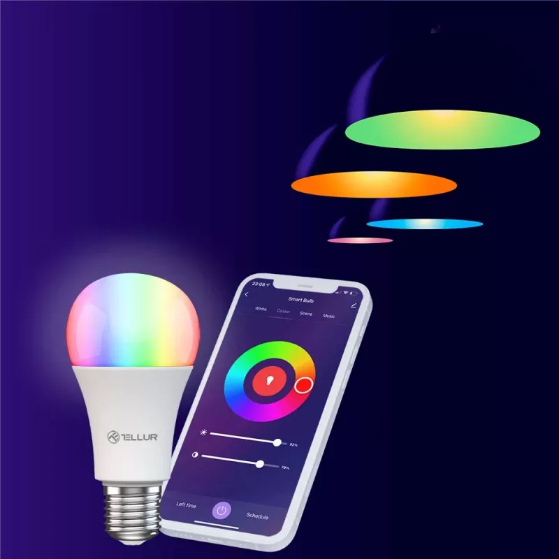 Viedā WiFi spuldze Tellur TLL331341 9 W RGB regulējama — Wi‑Fi RGB LED 9 W, regulējama