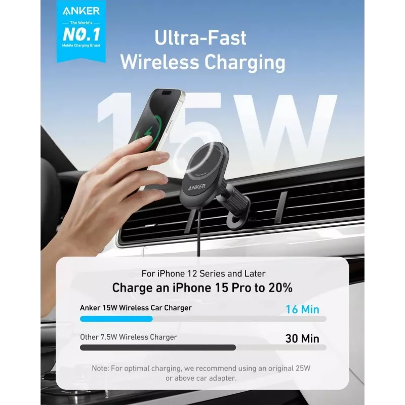 Bezvadu magnētiskais auto lādētājs Anker MagGo 15W — magnētiska 15 W Qi ātrā uzlāde viedtālruņiem, melns