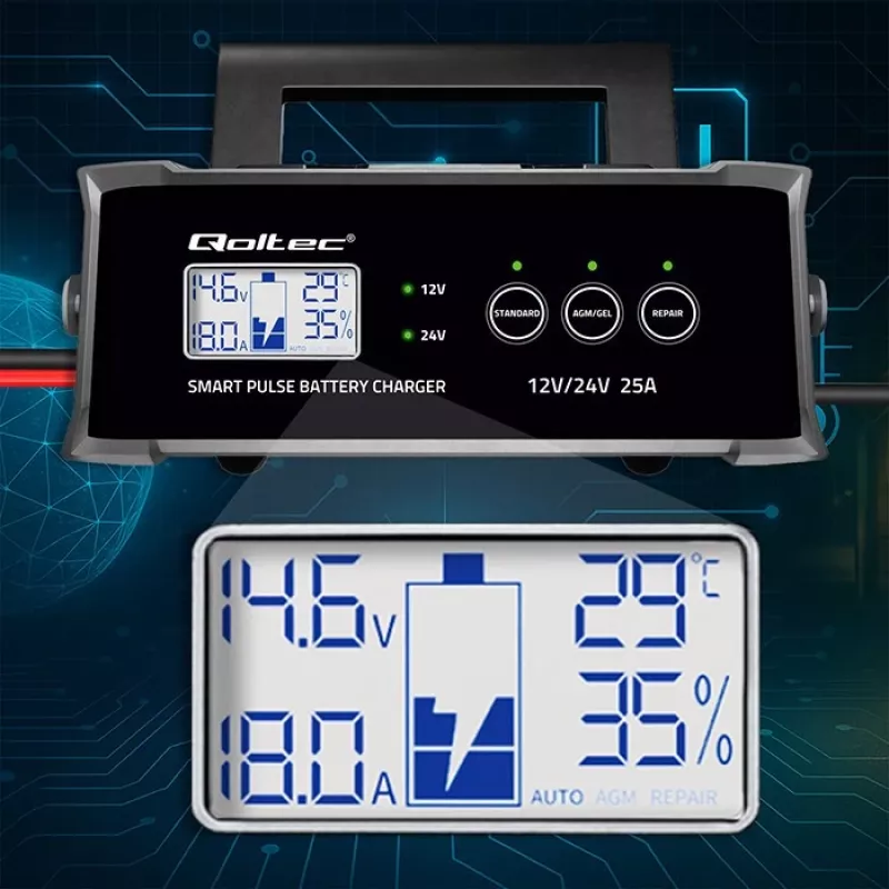 Baterijas lādētājs QOLTEC 52514 — 12V/24V, 25A, AGM/GEL/SLA baterijām ar LCD displeju