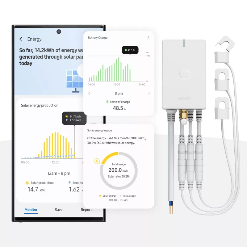 Enerģijas skaitītājs AEOTEC AEOEZWA046C3A60 — trīs skavu 60A ar Z-Wave vienfāzes vai trīsfāžu uzraudzībai