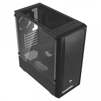 PC korpuss SAVIO Noctis Flow — Cube Mini‑ITX/Micro‑ATX/ATX, 3x120mm priekšā, 1x120mm aizmugurē, 2x3.5 collu + 3x2.5 collu sloti, rūdīts stikls