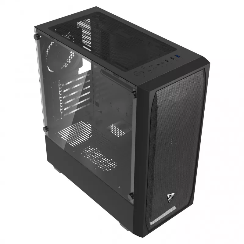 PC korpuss SAVIO Noctis Flow — Cube Mini‑ITX/Micro‑ATX/ATX, 3x120mm priekšā, 1x120mm aizmugurē, 2x3.5 collu + 3x2.5 collu sloti, rūdīts stikls