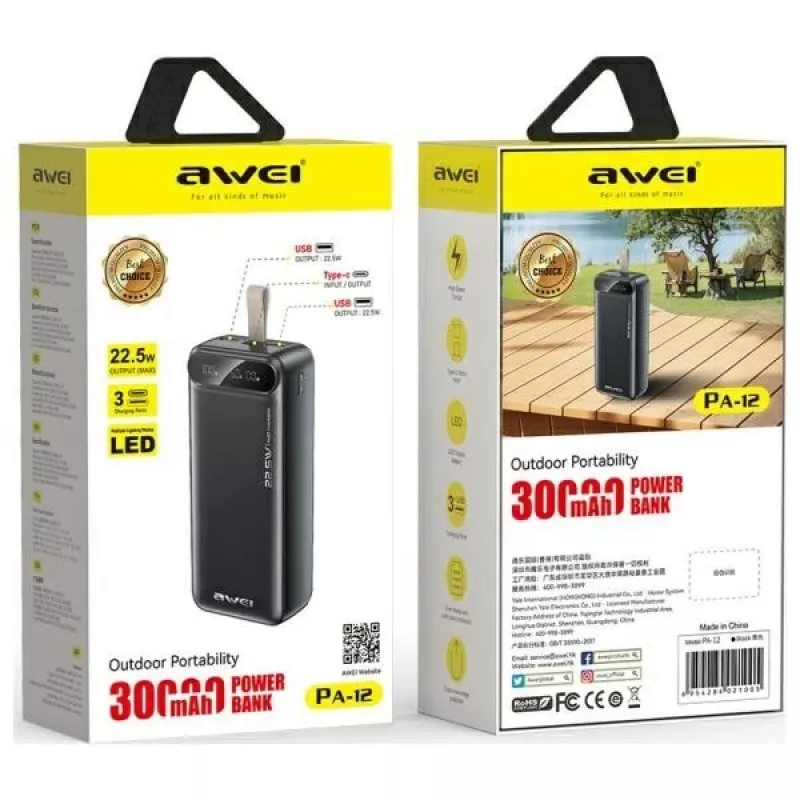 Portable Power Bank AWEI PA-12 30000mAh 22.5W Melns