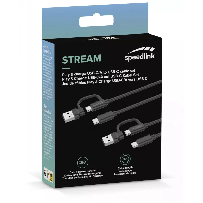 USB 3.2 Gen 1 (3.1 Gen 1) kabelis Speedlink SL-460101-BK, 3 m, USB A/USB C uz USB C, melns