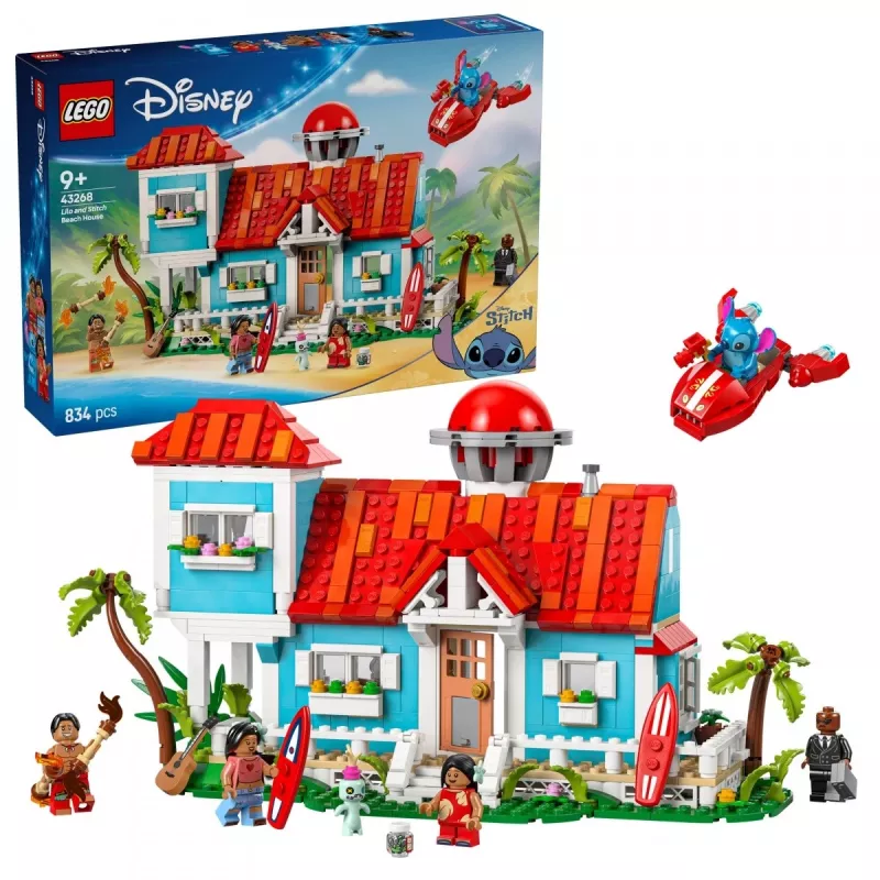 LEGO komplekts Disney 43268 Pludmales māja — modulāra mājas būvēšana, 834 detaļas, 5 minifigūras, vecumam 9+