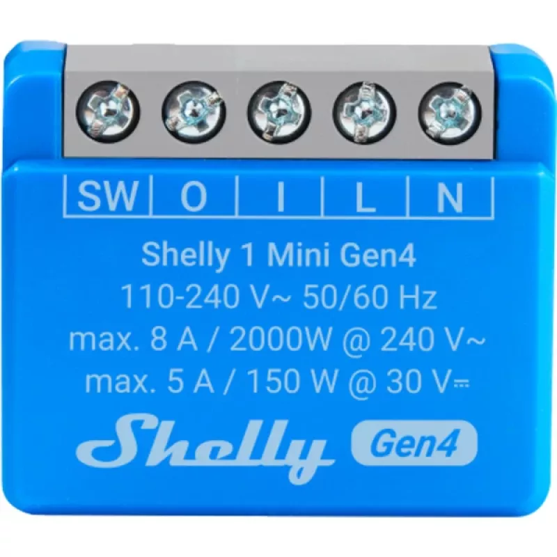 Viedais releja modulis Shelly 1 Mini Gen4, 1P 8A, Wi‑Fi/Matter/Zigbee/Bluetooth, 110–240V, kompakts (2 gab.)