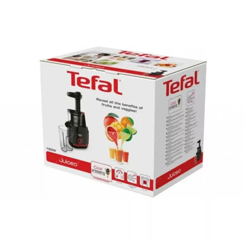 Lēna tipa sulu spiede Tefal Juiceo ZC150 — 150 W, 4,5 cm padeves caurule, 0,8 L sulas un mīkstuma trauki, 80 apgr./min, Melna/Sarkana