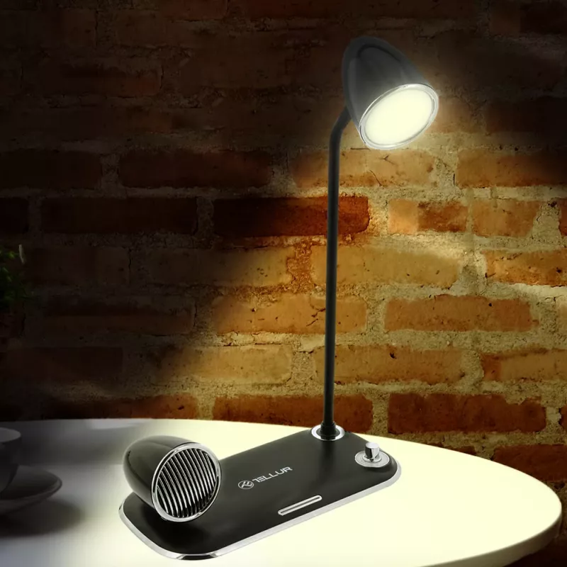 Galda lampa Tellur TLL151361 ar bezvadu Qi lādētāju un Bluetooth skaļruni, regulējams apgaismojums