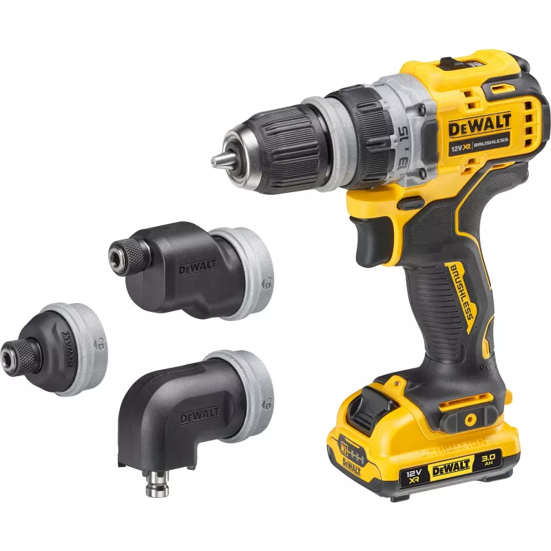 Pistolveida urbis DeWalt DCD703L2T-QW — 12V, 3.0Ah x2, 1500 RPM, 10 mm bezatslēgas patrona, 25.5 N·m, 0.9 kg