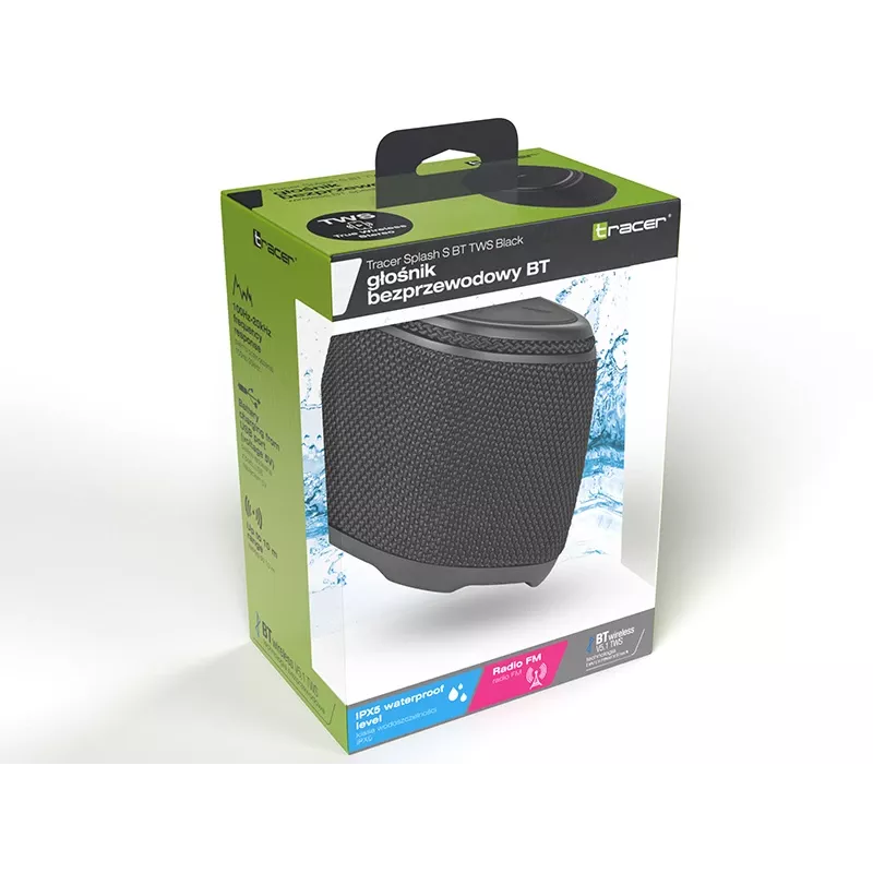 Pārnēsājams stereo skaļrunis TRACER Splash S (Bluetooth 5.1, 5 W RMS, IPX5, 6 h akumulators) Melns