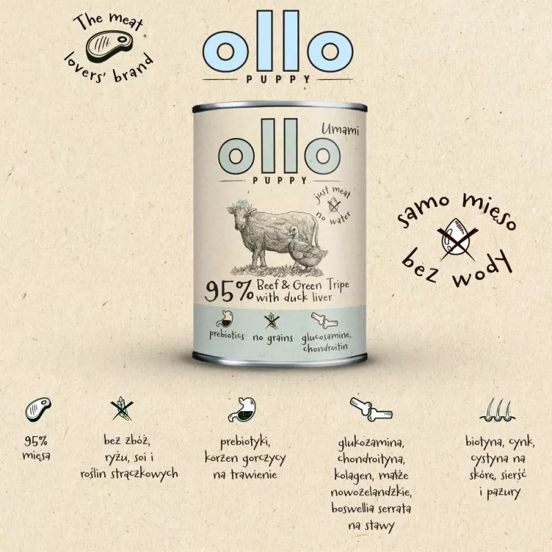 OLLO Puppy Umami Beef and Green Tripe with Duck Liver - mitrā suņu barība - 850 g