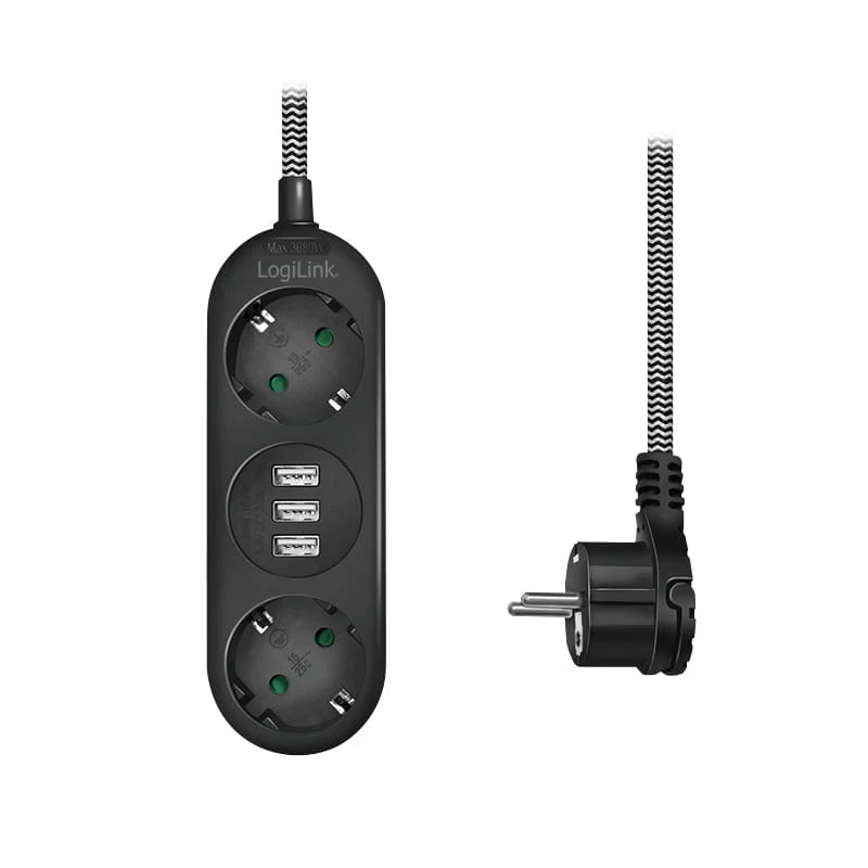 Power Extension LogiLink LPS262U 1.5m 2 AC Outlets Indoor Melns