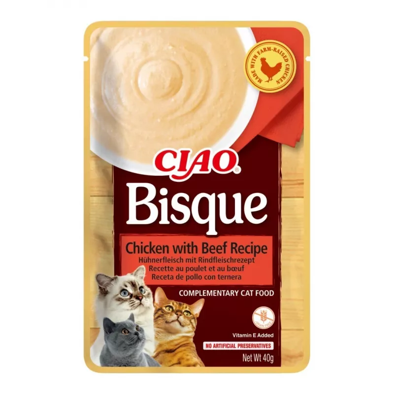 Mitrā kaķu uzkoda INABA CIAO Bisque — tuncis, liellopu gaļa, vista 40 g paciņās, 24 gab. iepakojumā